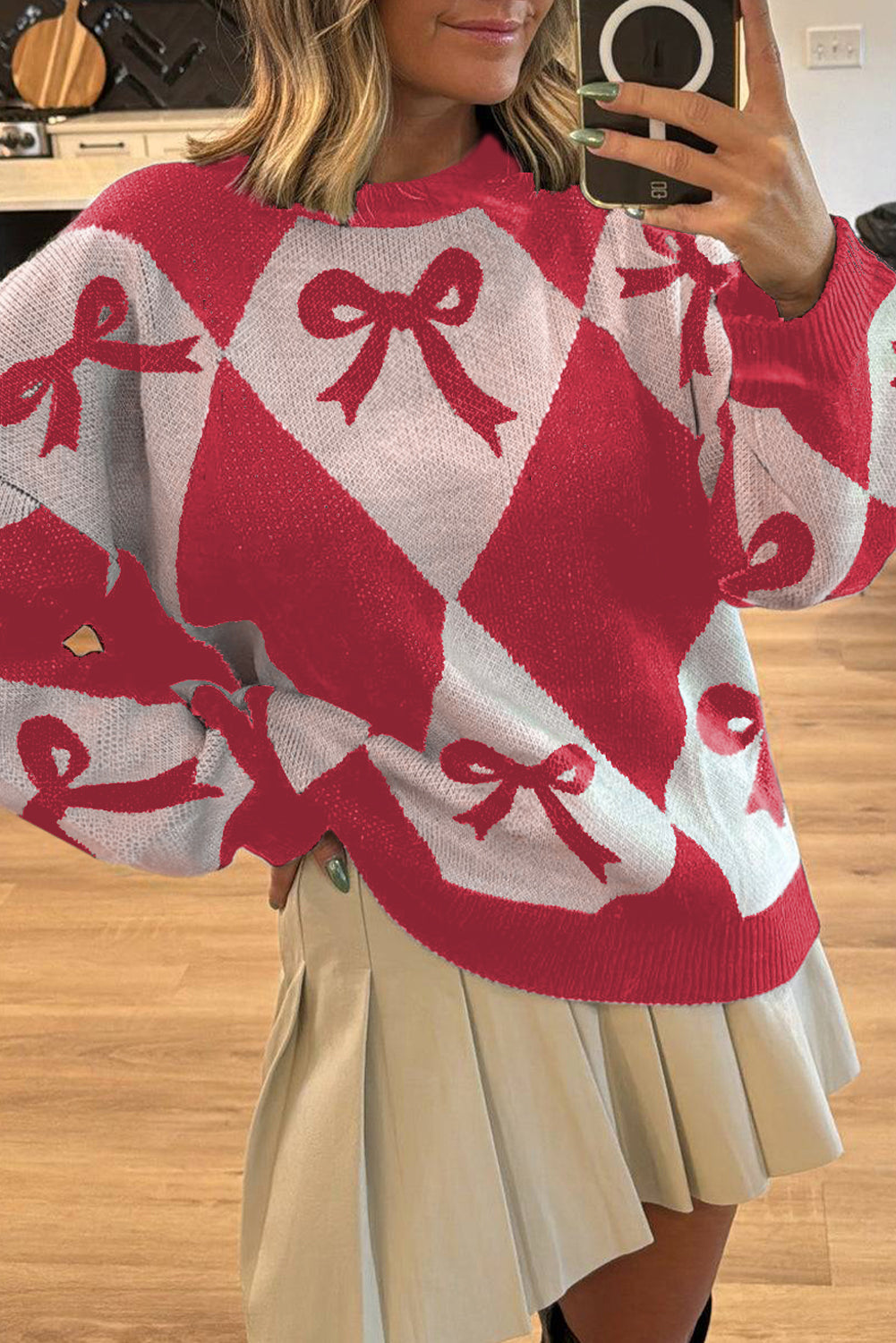 Red Bow Print 2 Tone Rhombus Knit Loose Sweater For Women Casual Warm Oversized Pullover Dear-Lover Dropshipping